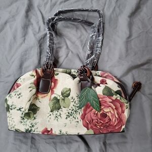Stone Mountain Accessories Rose Print Canvas Shoulder Bag with Brown Trim